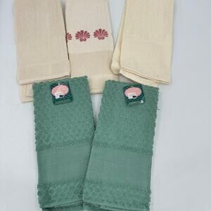 5 Charles Craft Terrycloth Hand Dish TOWELS Cross Stitch Kitchen GREEN CREAM